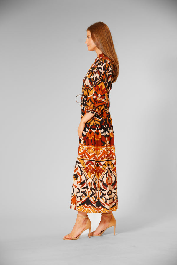 Julia Jordan 3/4 SLV MIDI DRESS W/ COLLAR & TIE WAIST BLACK MULTI