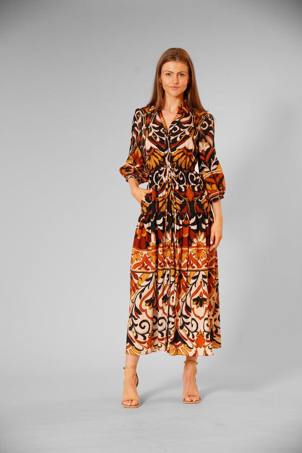 julia jordan 3/4 SLV MIDI DRESS W/ COLLAR & TIE WAIST BLACK MULTI