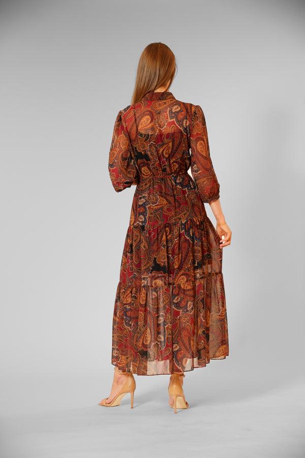 Julia Jordan 3/5 LNGTH SLV MIDI LNGTH DRESS W/ SELF SASH BURGUNDY MULTI