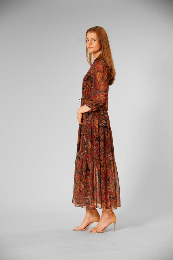 Julia Jordan 3/5 LNGTH SLV MIDI LNGTH DRESS W/ SELF SASH BURGUNDY MULTI