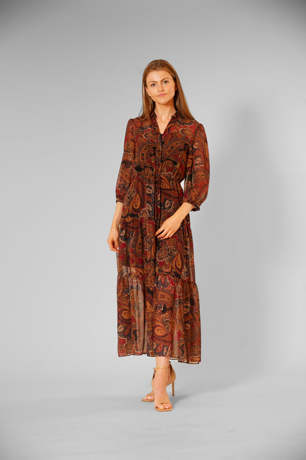 julia jordan 3/5 LNGTH SLV MIDI LNGTH DRESS W/ SELF SASH BURGUNDY MULTI