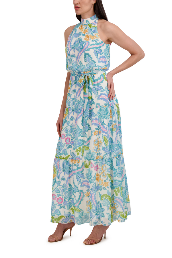 Julia Jordan 3 Tier Mock Neck Maxi Dress Ivory Multi