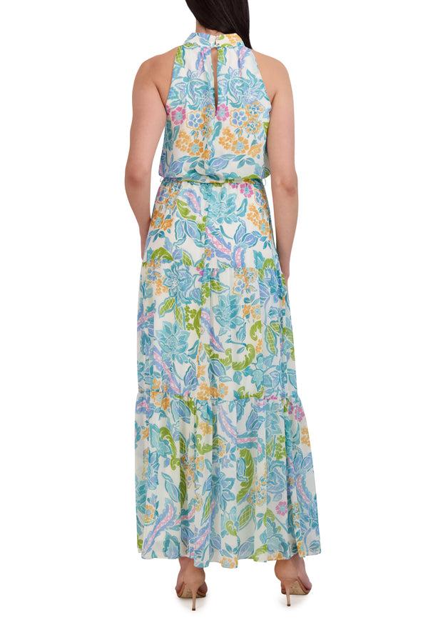 Julia Jordan 3 Tier Mock Neck Maxi Dress Ivory Multi