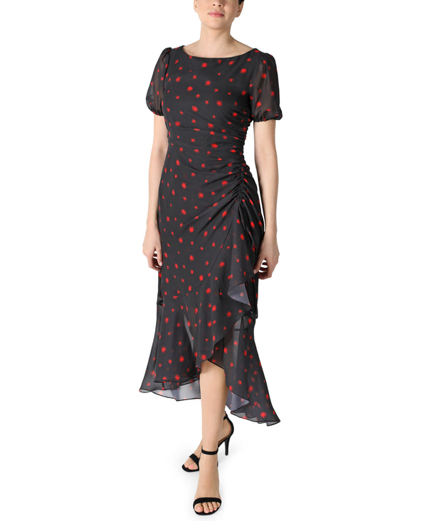 julia jordan Asymmetrical Side Ruched Ruffle Dress Black Multi