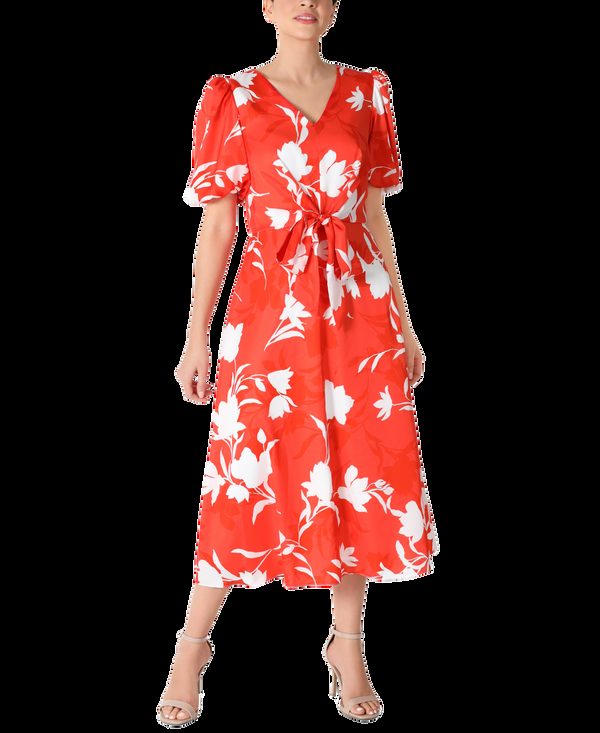 julia jordan Balloon Sleeve Tie Front Midi Orange Multi