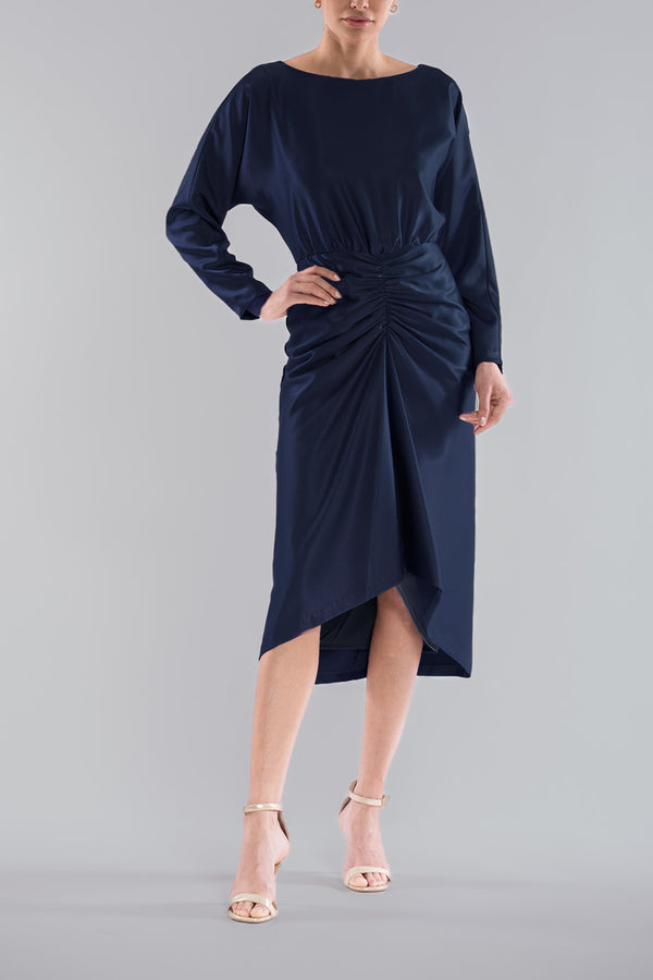 julia jordan BOAT NECK DOLMAN SLEEVE ROUCHD MIDI DRESS BLACK