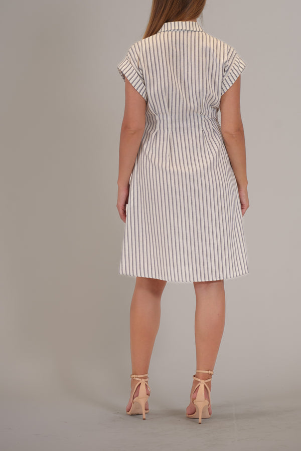 Julia Jordan CAP SLVED STRIPED LINEN DRESS IVORY/NAVY