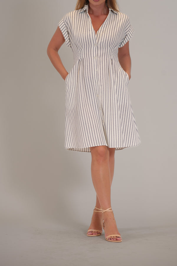 Julia Jordan CAP SLVED STRIPED LINEN DRESS IVORY/NAVY