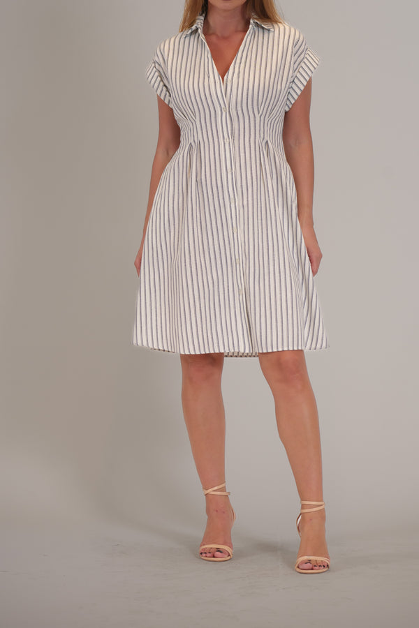 julia jordan CAP SLVED STRIPED LINEN DRESS IVORY/NAVY