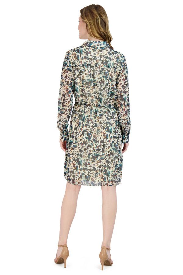 Julia Jordan Collar Neck Waist Knot Long Sleeve Shirt Dress Ivory Multi