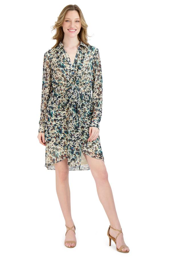 julia jordan Collar Neck Waist Knot Long Sleeve Shirt Dress Ivory Multi