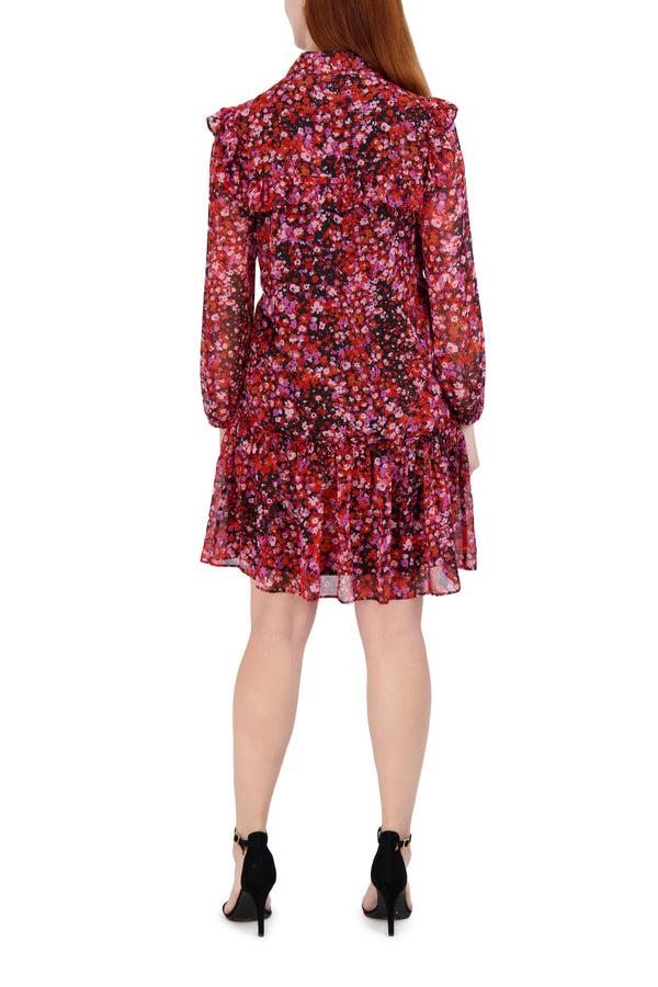 Julia Jordan Collar Neck With Ruffle York Short Dress Black Multi