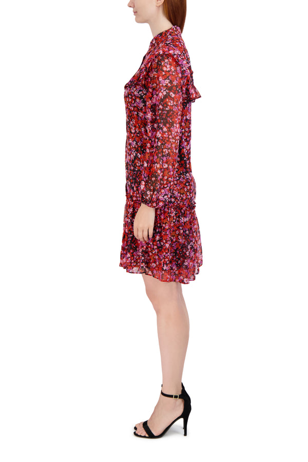 Julia Jordan Collar Neck With Ruffle York Short Dress Black Multi