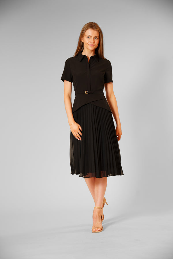 Julia Jordan COLLARED MIX MEDIA PLEATED DRESS BLACK