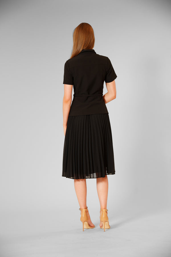 Julia Jordan COLLARED MIX MEDIA PLEATED DRESS BLACK