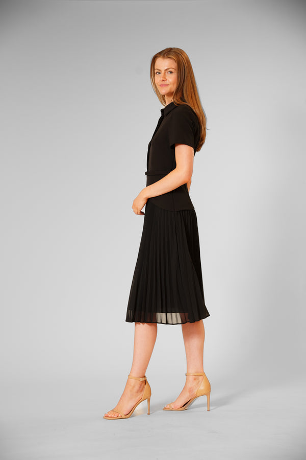 Julia Jordan COLLARED MIX MEDIA PLEATED DRESS BLACK