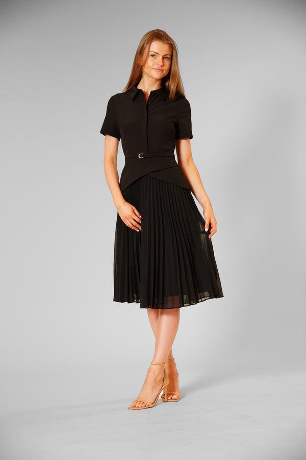julia jordan COLLARED MIX MEDIA PLEATED DRESS BLACK