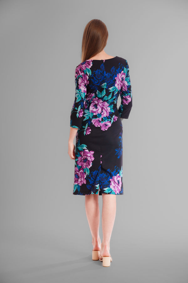 Julia Jordan DONNA RICCO - ASYMMETRICAL NECK 3 QUARTER SLEEVE MIDI DRESS BLACK MULTI