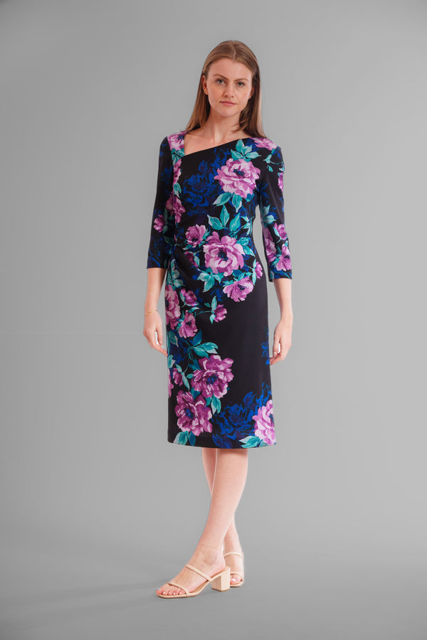 julia jordan DONNA RICCO - ASYMMETRICAL NECK 3 QUARTER SLEEVE MIDI DRESS BLACK MULTI