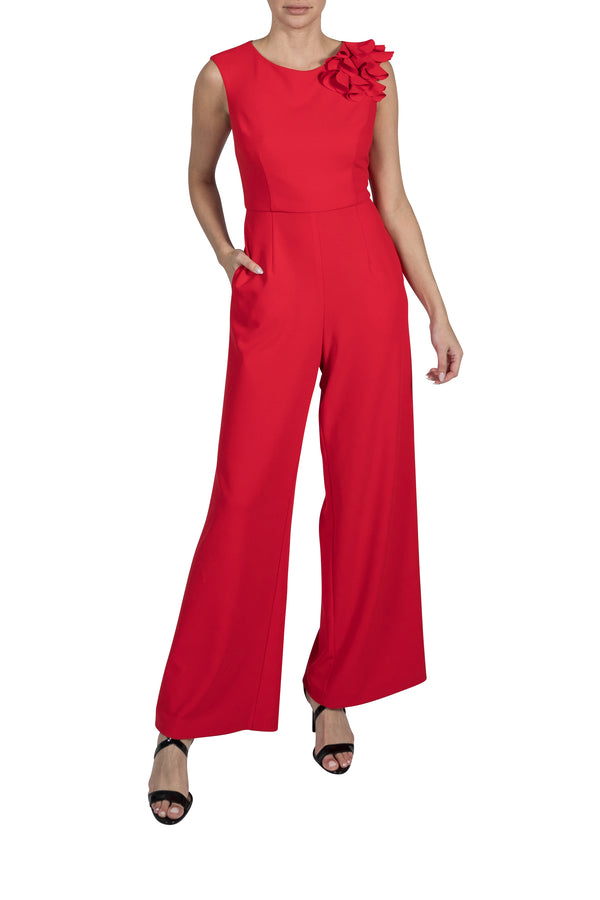 julia jordan DONNA RICCO - BOAT NECK JUMPSUIT WITH SHOULDER DETAIL RED