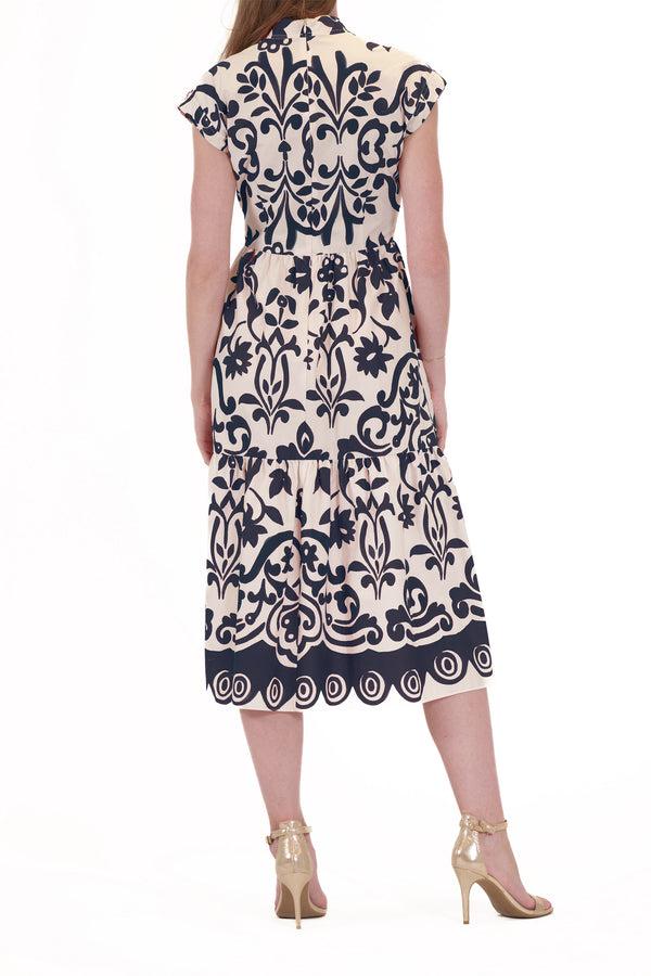 Julia Jordan DONNA RICCO - CAP SLEEVE COTTON POPLIN DRESS NAVY IVORY