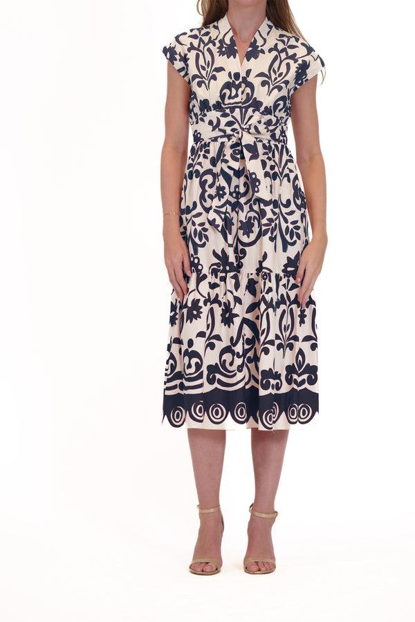 julia jordan DONNA RICCO - CAP SLEEVE COTTON POPLIN DRESS NAVY IVORY
