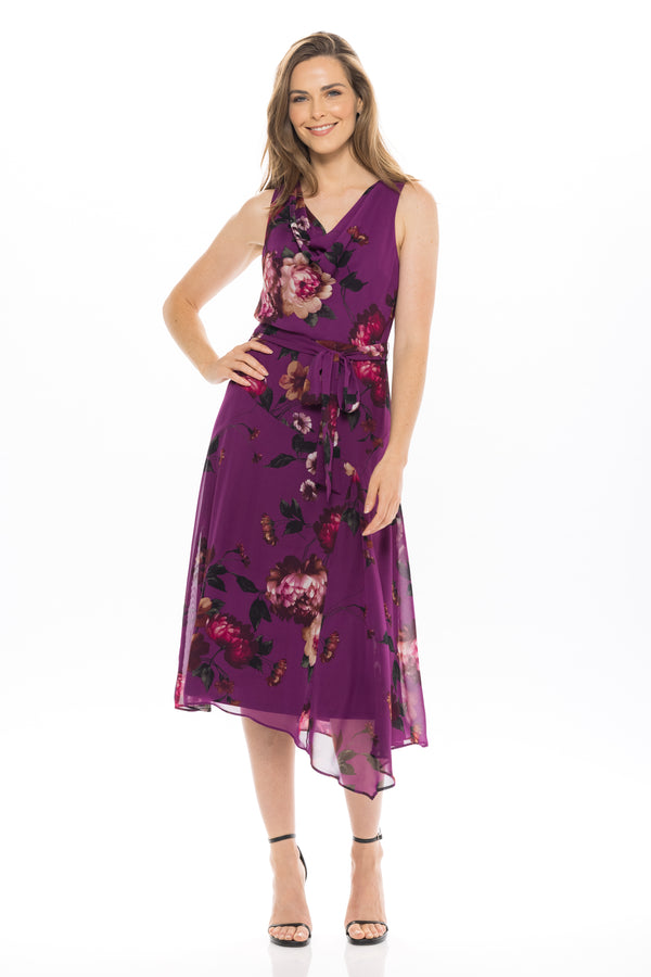 julia jordan DONNA RICCO - COWL NECK FIT&FLARE DRESS PLUM MULTI