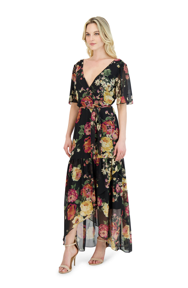 Julia Jordan DONNA RICCO - FLUTTER SLEEVE MAXI DRESS BLACK MULTI