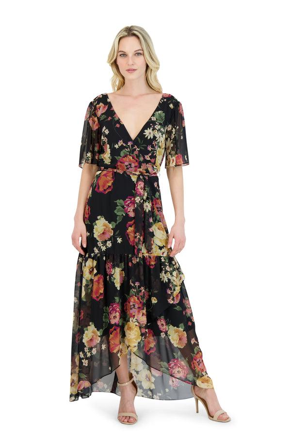 julia jordan DONNA RICCO - FLUTTER SLEEVE MAXI DRESS BLACK MULTI