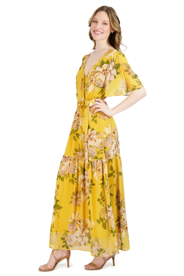 Julia Jordan DONNA RICCO - FLUTTER SLEEVE MAXI DRESS YELLOW MULTI
