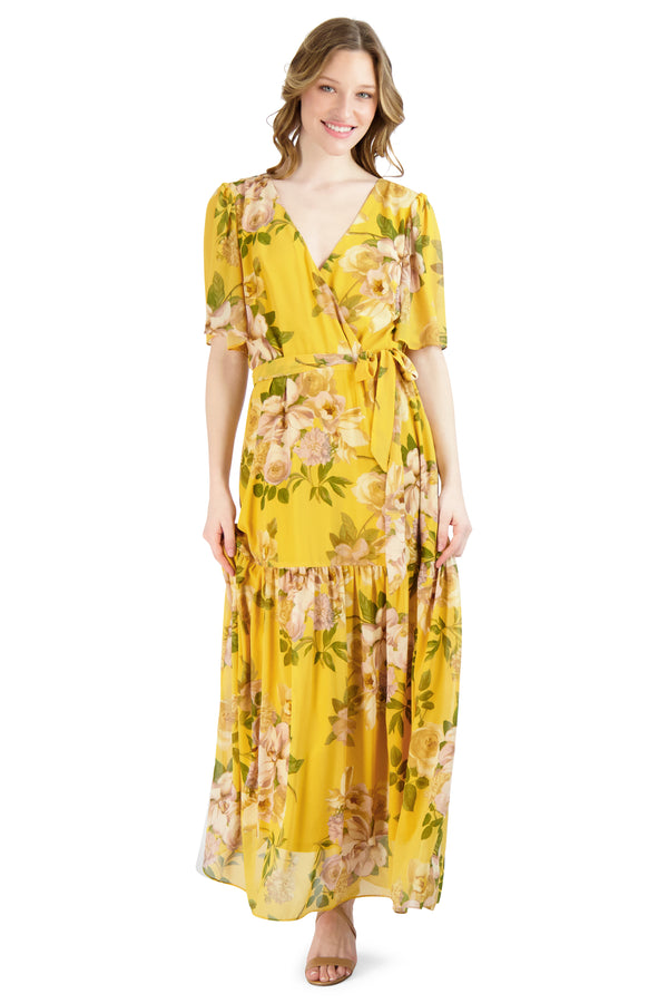 julia jordan DONNA RICCO - FLUTTER SLEEVE MAXI DRESS YELLOW MULTI