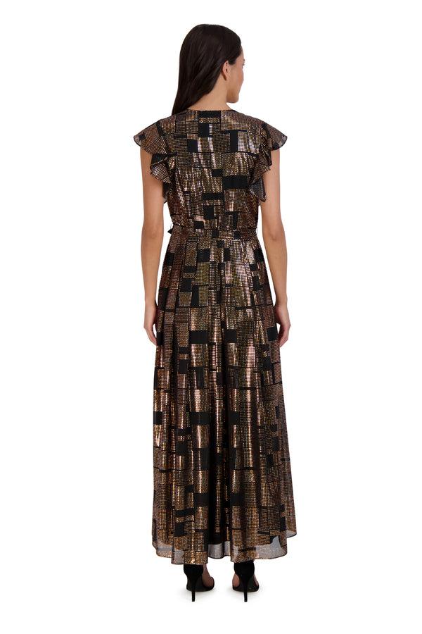 Julia Jordan DONNA RICCO - FLUTTER SLEEVE PLEATED MAXI DRESS BLACK MULTI