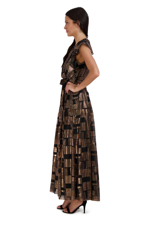 Julia Jordan DONNA RICCO - FLUTTER SLEEVE PLEATED MAXI DRESS BLACK MULTI