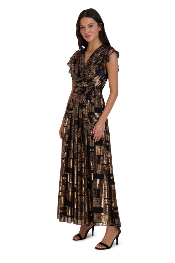 Julia Jordan DONNA RICCO - FLUTTER SLEEVE PLEATED MAXI DRESS BLACK MULTI