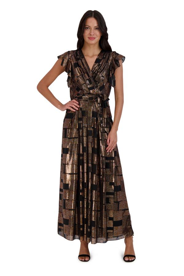 julia jordan DONNA RICCO - FLUTTER SLEEVE PLEATED MAXI DRESS BLACK MULTI