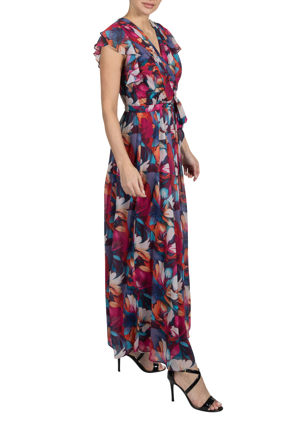 Julia Jordan DONNA RICCO - FLUTTER SLEEVE PLEATED MAXI DRESS FUCHSIA MULTI