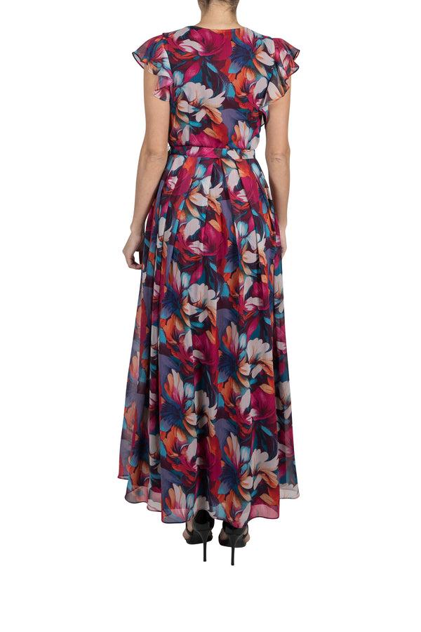 Julia Jordan DONNA RICCO - FLUTTER SLEEVE PLEATED MAXI DRESS FUCHSIA MULTI