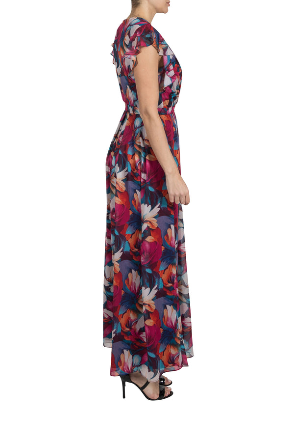 Julia Jordan DONNA RICCO - FLUTTER SLEEVE PLEATED MAXI DRESS FUCHSIA MULTI