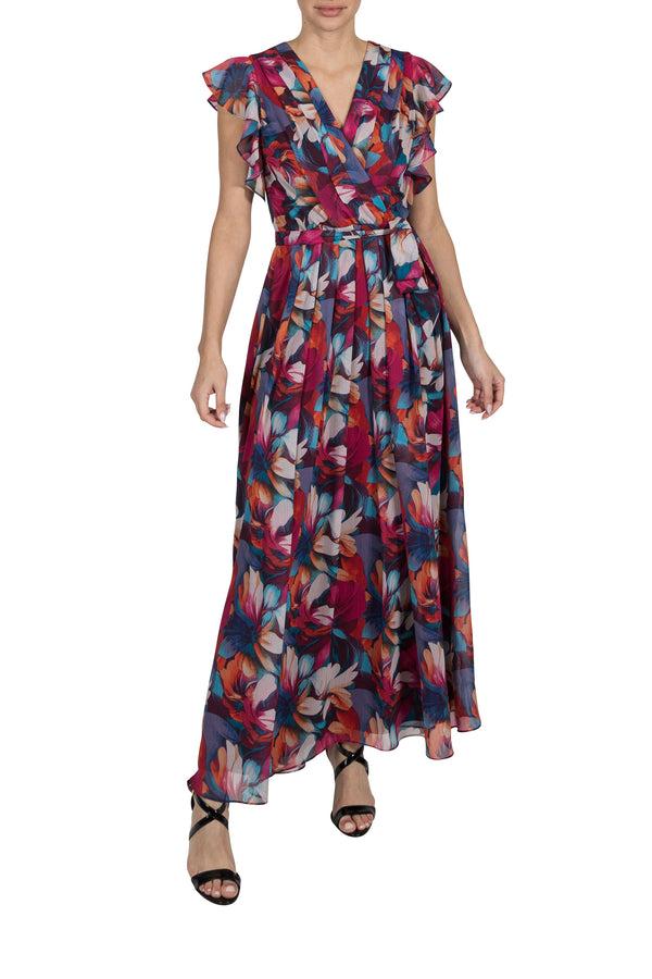 julia jordan DONNA RICCO - FLUTTER SLEEVE PLEATED MAXI DRESS FUCHSIA MULTI