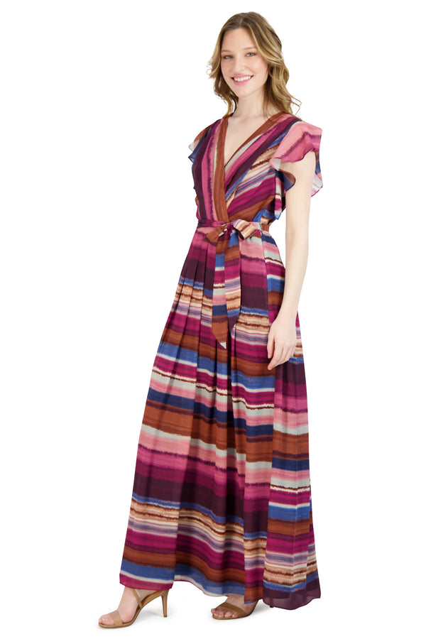 Julia Jordan DONNA RICCO - FLUTTER SLEEVE PLEATED MAXI DRESS MULTI