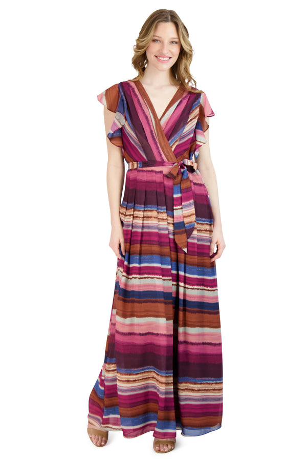 julia jordan DONNA RICCO - FLUTTER SLEEVE PLEATED MAXI DRESS MULTI