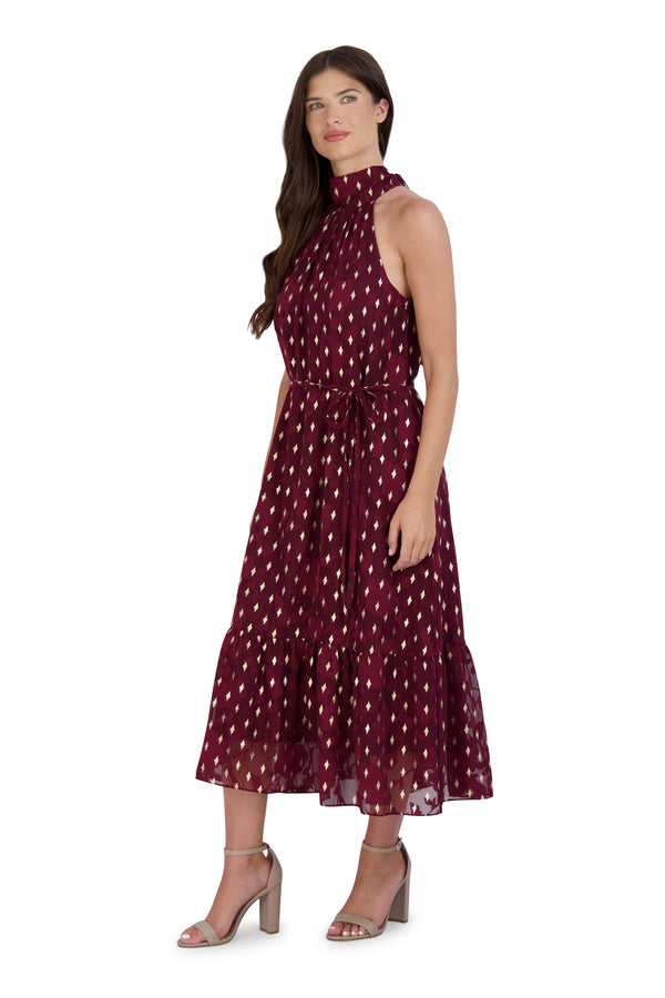 Julia Jordan DONNA RICCO - HALTER NECK TIERED MIDI DRESS COBALT GOLD