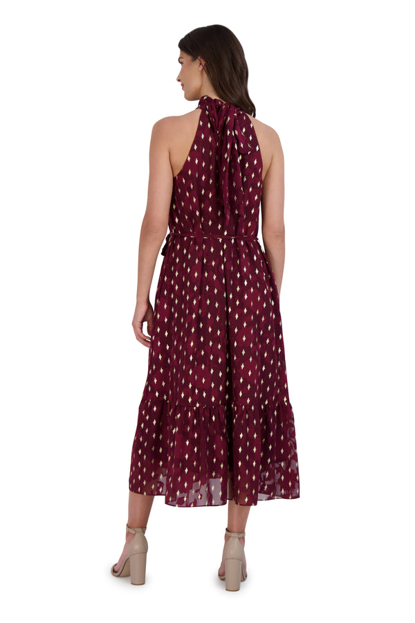 Julia Jordan DONNA RICCO - HALTER NECK TIERED MIDI DRESS COBALT GOLD