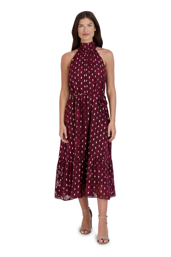 julia jordan DONNA RICCO - HALTER NECK TIERED MIDI DRESS COBALT GOLD