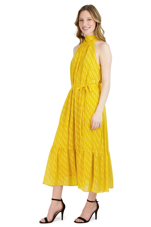 julia jordan DONNA RICCO - HALTER NECK TIERED MIDI DRESS YELLOW