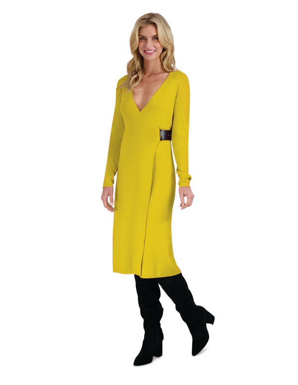 Julia Jordan DONNA RICCO - LONG SLEEVE CROSS OVER MIDI SWEATER DRESS YELLOW