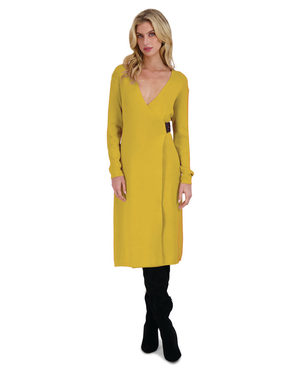 julia jordan DONNA RICCO - LONG SLEEVE CROSS OVER MIDI SWEATER DRESS YELLOW