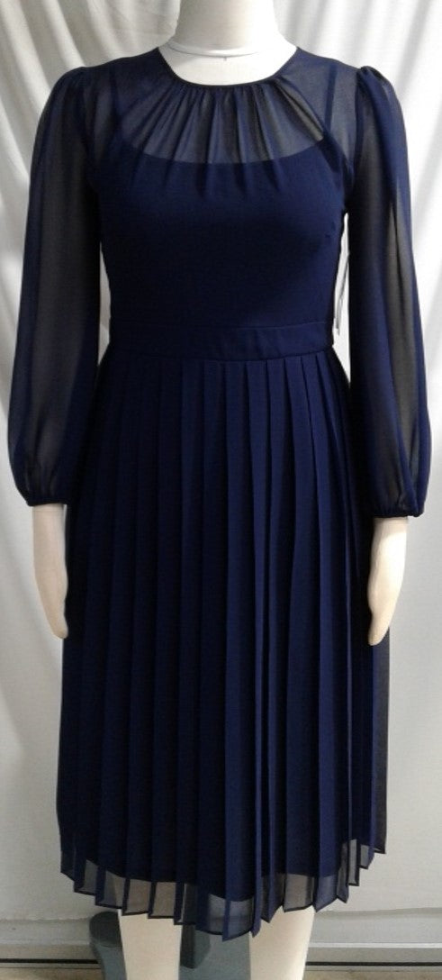 julia jordan DONNA RICCO - LONG SLEEVE HIGH NECK PLEATED CHIFFON DRESS NAVY