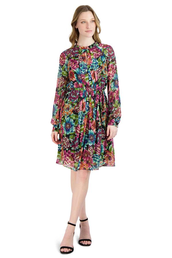Julia Jordan DONNA RICCO - LONG SLEEVE PLEATED FRONT DRESS MULTI