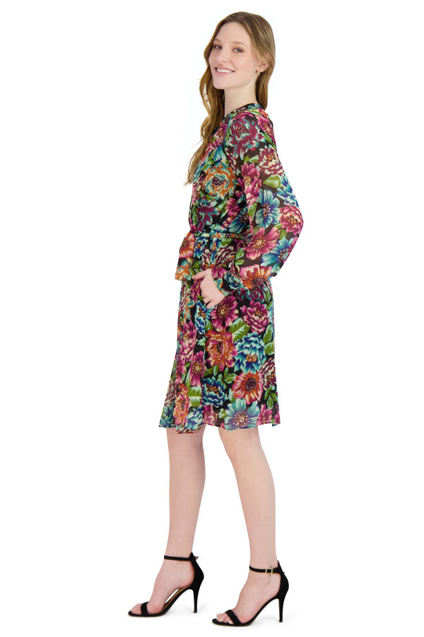 Julia Jordan DONNA RICCO - LONG SLEEVE PLEATED FRONT DRESS MULTI
